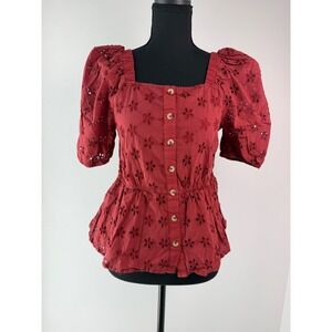 Cherry Eyelet Peplum Top Women's XS Puff Sleeve Square Neck Cottagecore L.O.V